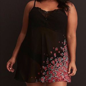 Black rose lace trim chiffon slip